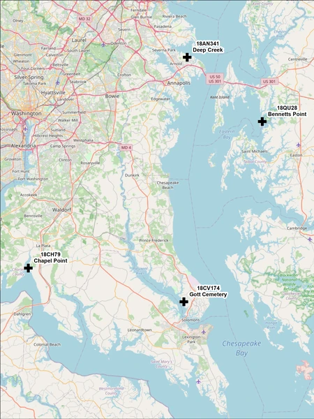 map of the Chesapeake Bay region marked with five specific site locations: Chapel Point, Deep Creek, Bennetts Point, Gott Cemetery, and Twin Oaks.