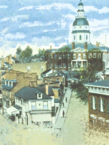 Vintage street scene of Annapolis with State House.