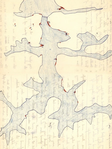 Hand-drawn map with blue and red markings over faint handwritten text.
