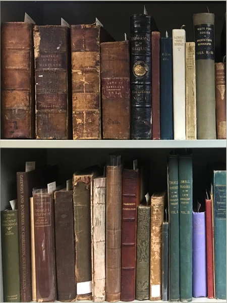 Shelves filled with old books of various colors and sizes, some leather-bound with faded text.