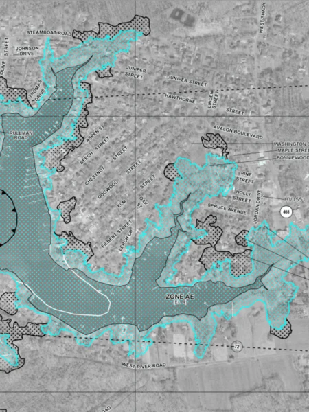 Map showing flood zones marked in blue over a grayscale aerial view.