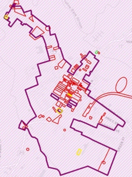 GIS map of Centreville with colored shapes indicating various sites and districts.