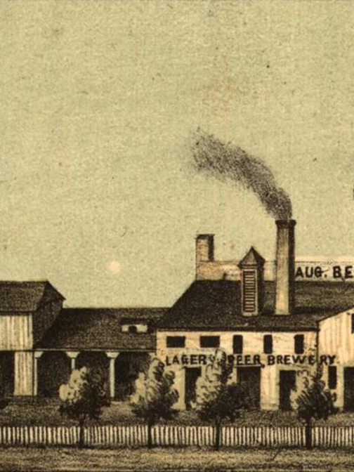 Vintage illustration of Aug. Beck's Lager Beer Brewery, featuring a smoking chimney and an American flag.