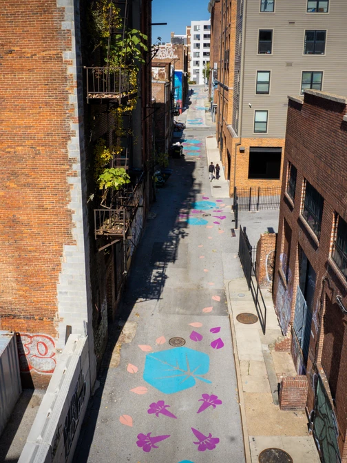 Aerial view of a narrow city alleyway decorated with large painted blue and purple leaf patterns.