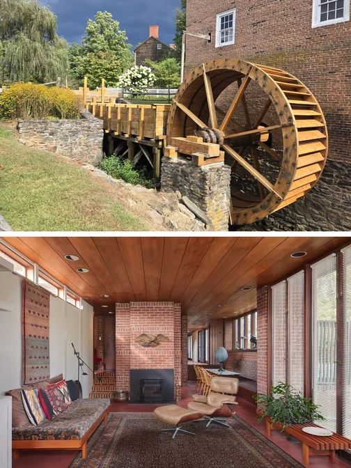 Wooden water mill by a brick building and a mid-century modern living room with a brick fireplace and Eames chair.