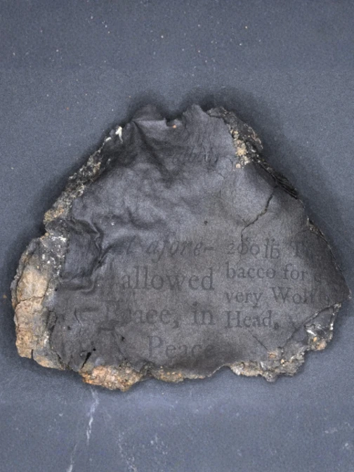 A charred, dark fragment of paper displaying legible printed text about tobacco and wolves.