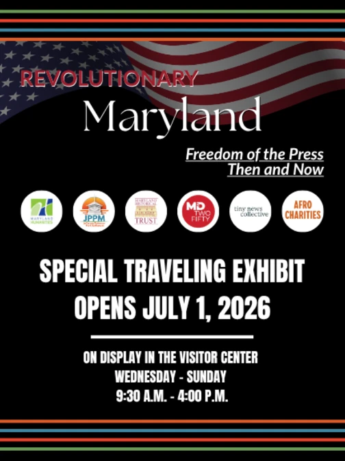 Poster for Revolutionary Maryland: Freedom of the Press Then and Now, a traveling exhibit opening July 1, 2026.