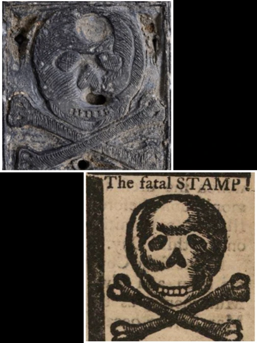 A square metal skull-and-crossbones stamp next to a newspaper graphic titled 'The fatal STAMP!' made from the same stamp.