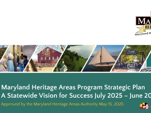 The cover of the 'Maryland Heritage Areas Program Strategic Plan (2025–2032),' featuring a colorful collage of Maryland landmarks including a sailboat, a barn, and historic interiors.