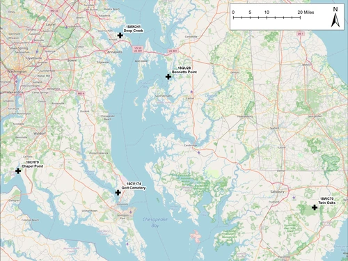 map of the Chesapeake Bay region marked with five specific site locations: Chapel Point, Deep Creek, Bennetts Point, Gott Cemetery, and Twin Oaks.