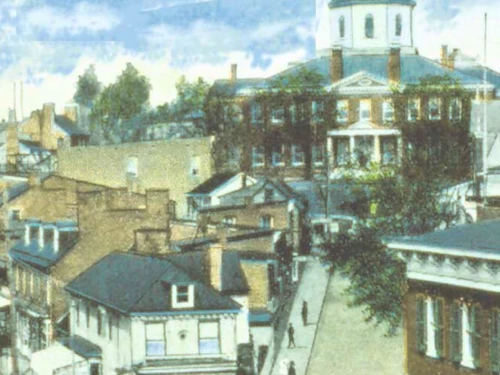 Vintage street scene of Annapolis with State House.