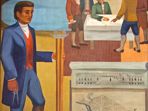 Mural depicting Benjamin Banneker standing with surveying tools alongside architectural plans for Washington, D.C.