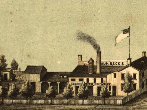 Vintage illustration of Aug. Beck's Lager Beer Brewery, featuring a smoking chimney and an American flag.