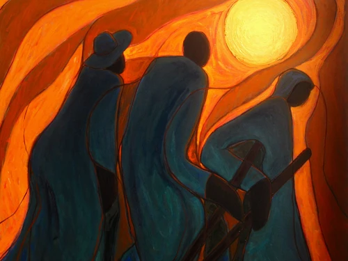 Mural of people walking, silhouetted against an orange backdrop.