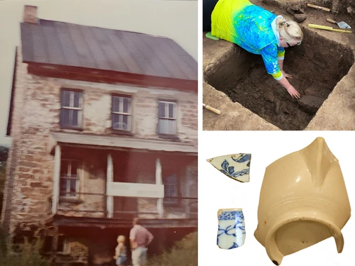  Gemini said Collage: A historic stone house, an archaeologist digging in a pit, and various blue and cream ceramic shards.