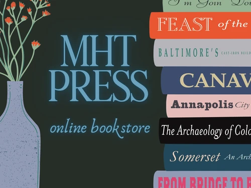 An illustration for the MHT Press online bookstore, featuring a stack of colorful books and a vase of flowers.