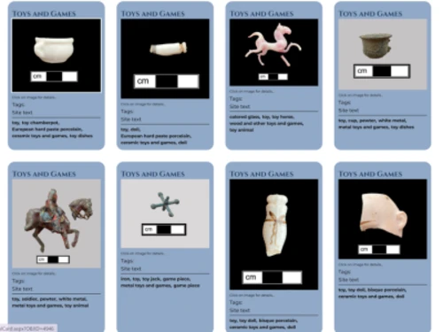 Eight museum collection cards titled "Toys and Games" displaying artifacts like doll parts, toy animals, and game pieces.