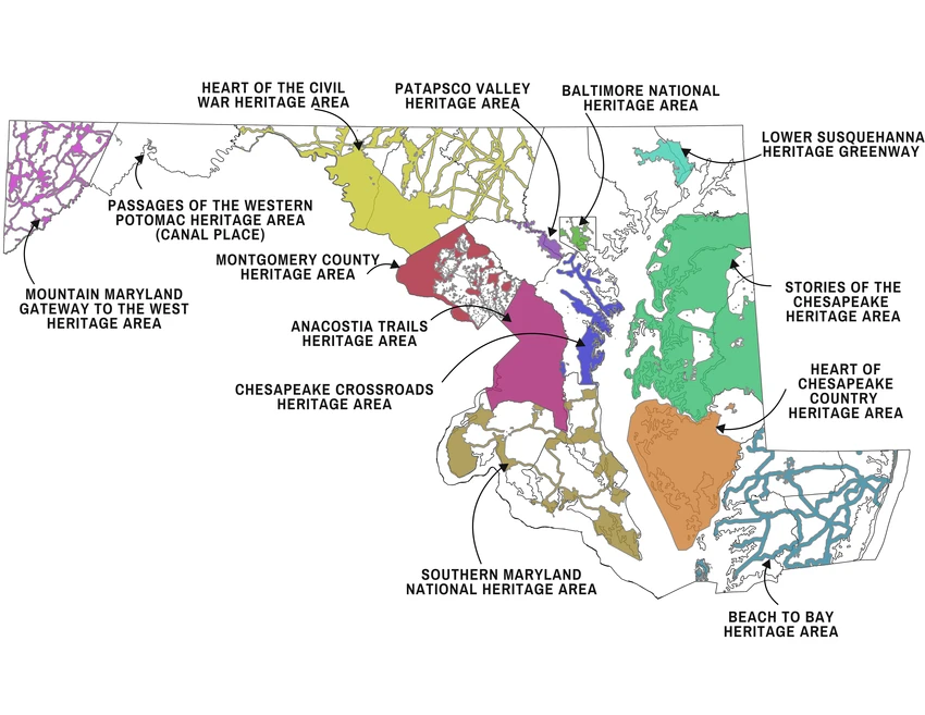 Map of Maryland with highlighted heritage areas, each labeled and colored differently.