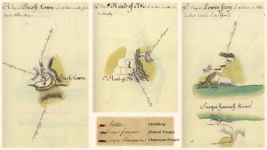 Three historical hand-drawn maps of military encampments at Bush Town, Head-of-Elk, and Lower Ferry.