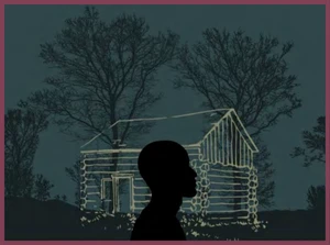 Composition with a cabin, trees and a silouette.