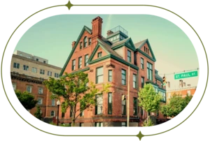 Brick building with pointed roofs