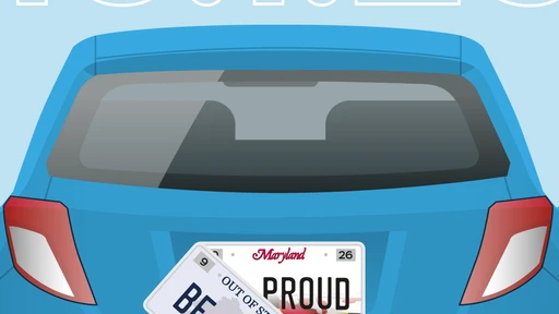 Blue vehicle sheds an out of state license plate to reveal a Maryland license plate