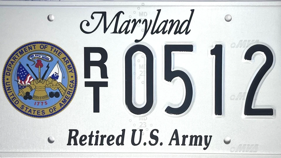 White license plate with the Army seal to the left of the plate number.