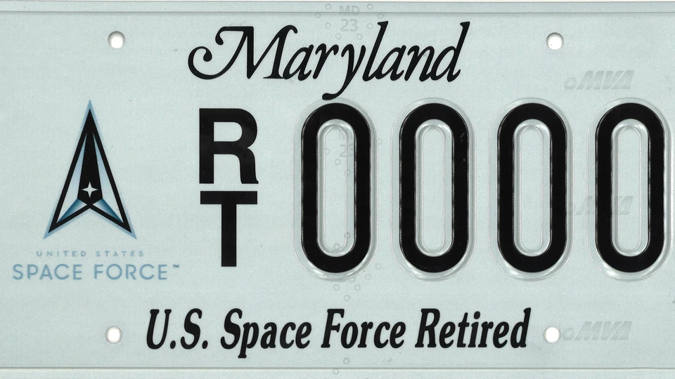 Light blue plate with the Space Force seal to the left of the plate number.