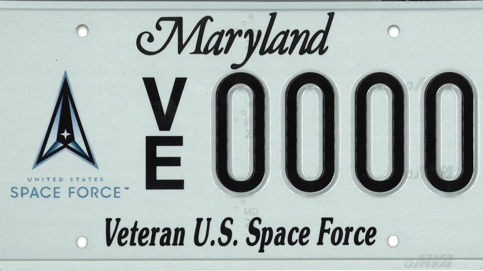 Light blue plate with the Space Force seal to the left of the plate number.