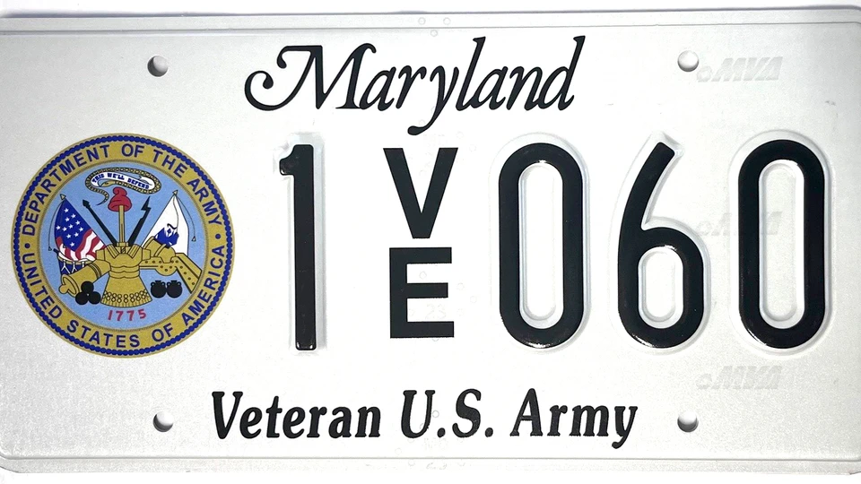 White license plate with the Army seal to the left of the plate number.