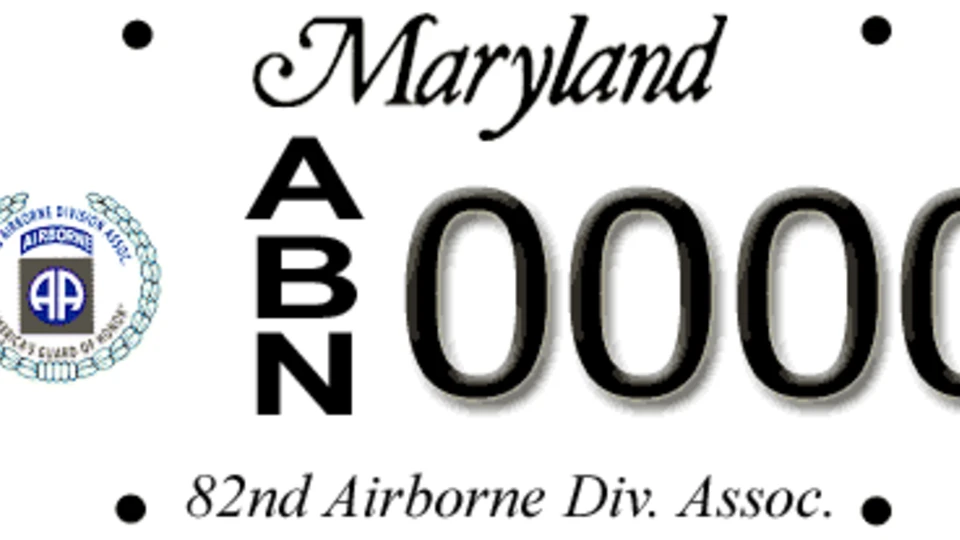 Maryland license plate with a 167th Airlift Wing emblem, vertical text "ANG", the number "0000", and "167th Airlift Wing" at the bottom.
