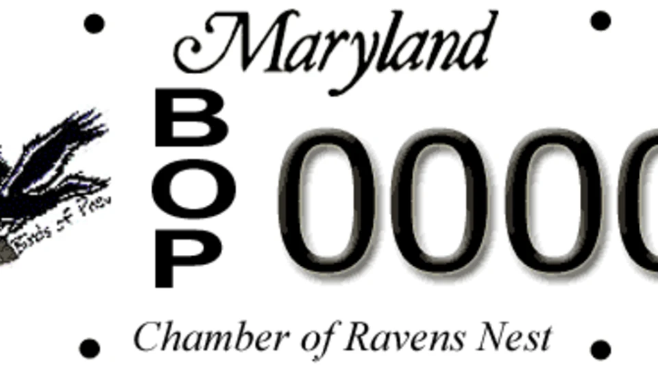  A Maryland specialty license plate with "BOP 0000", a Birds of Prey logo, and "Chamber of Ravens Nest".