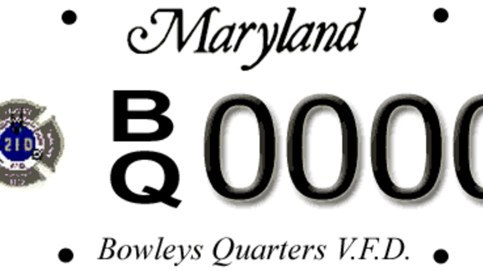 A specialty license plate for Maryland that reads "BQ 0000" with "Bowleys Quarters V.F.D." at the bottom and a fire department emblem on the left.