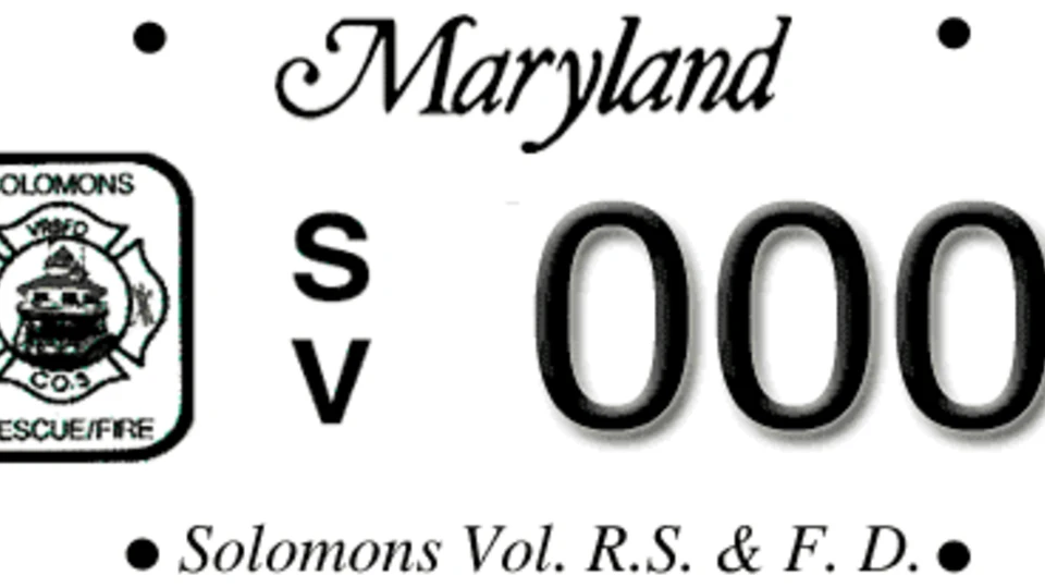 Maryland license plate for Solomons Volunteer Rescue Squad and Fire Department, featuring their logo and the text "Solomons Vol. R.S. & F.D."