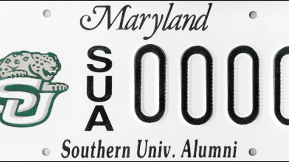Maryland license plate featuring a green jaguar logo, the letters "SUA," "0000," and the text "Southern Univ. Alumni."