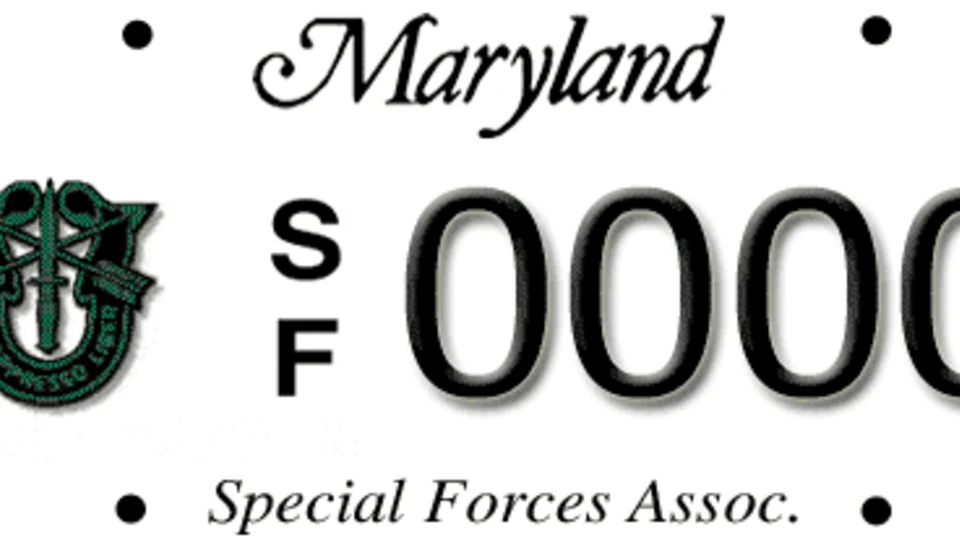 Maryland license plate with a Special Forces Association logo, the letters SF, and the placeholder number 0000.