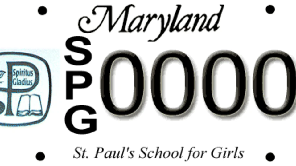 Maryland license plate featuring the St. Paul's School for Girls logo and "Spiritus Gladius" motto. The plate number shown is SPG 0000.