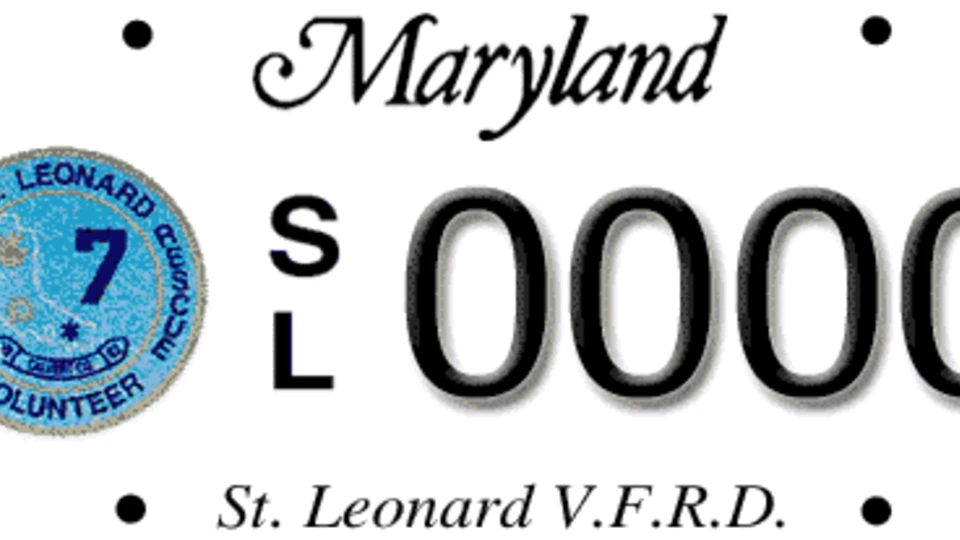 Maryland license plate for St. Leonard Volunteer Fire and Rescue Department, featuring a circular logo with a number 7 and the text "SL 0000."
