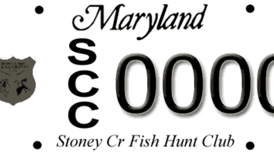 A Maryland license plate for the Stoney Creek Fishing and Hunting Club, featuring a club crest and the stacked letters "SCC" next to four zeros.