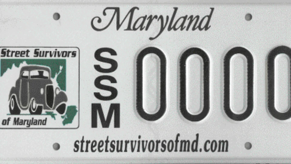 A Maryland license plate for "Street Survivors of Maryland" featuring a vintage car logo and the website streetsurvivorsofmd.com.