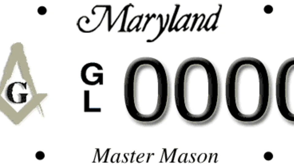 Maryland license plate with the square and compasses Freemason symbol, the letters G L, number 0000, and the text "Master Mason."