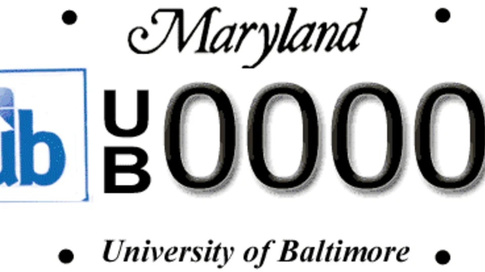 Maryland license plate featuring the University of Baltimore logo, vertical "UB" text, "0000" numbering, and "University of Baltimore" at the bottom.