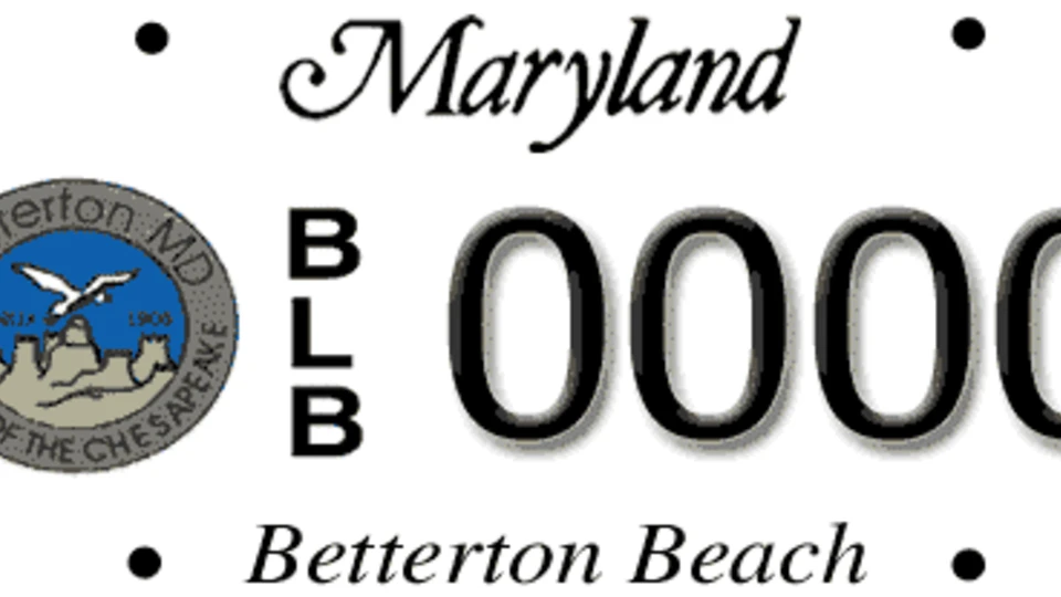 Maryland license plate featuring "Betterton MD" seal, "Jewel of the Chesapeake" slogan, and "Betterton Beach" text at the bottom.