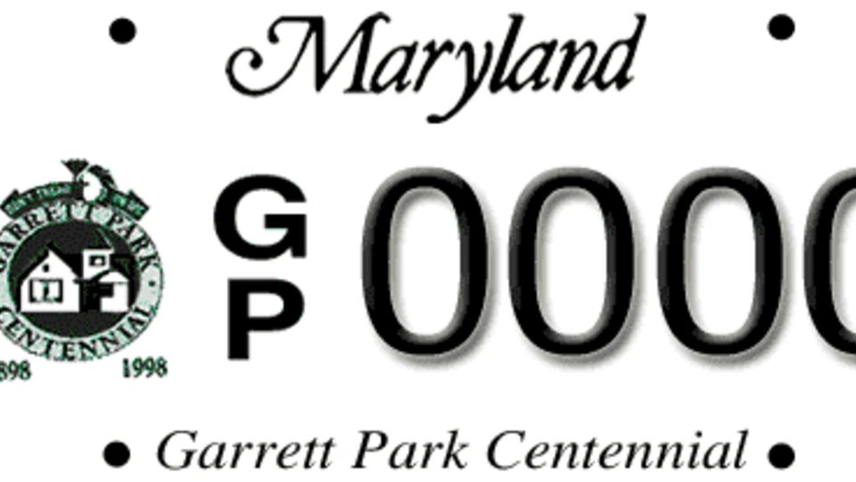 Maryland license plate celebrating the Garrett Park Centennial (1898-1998) with a green town seal and the letters "GP" followed by "0000".