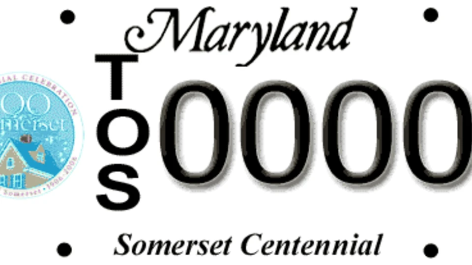 A Maryland license plate celebrating the Town of Somerset Centennial (1906-2006), featuring a blue circular commemorative seal on the left.