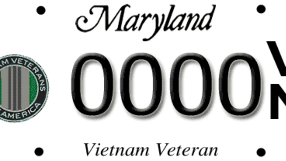 Maryland motorcycle license plate with Vietnam Veterans of America logo, the text "Vietnam Veteran," and "Maryland" at the top.