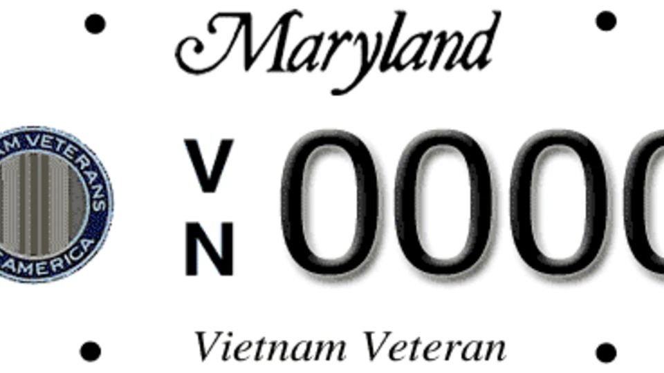 Maryland license plate featuring the Vietnam Veterans of America logo, the text "Vietnam Veteran," and the prefix letters V and N.