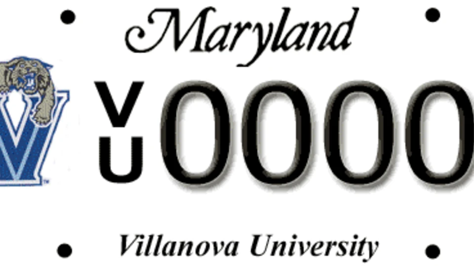 Maryland license plate for Villanova University featuring the school's "V" logo with a wildcat and "Villanova University" text at the bottom.