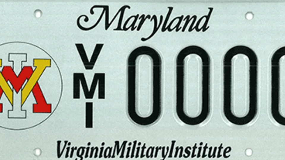 The image shows a mock Maryland license plate with "Maryland" and "VMI 0000" and the "Virginia Military Institute" logo.