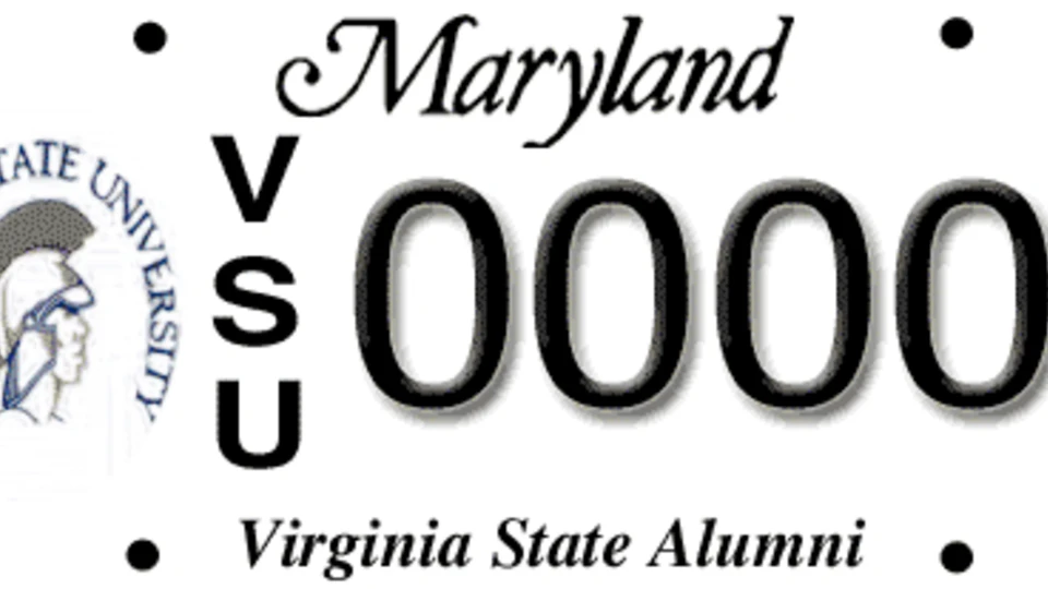 Maryland license plate for Virginia State Alumni featuring the university logo, the letters VSU, and four zeroes.